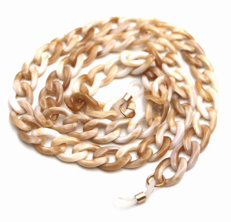 Beige eyeglasses holder chain, coiled with metal end caps and clasp hook