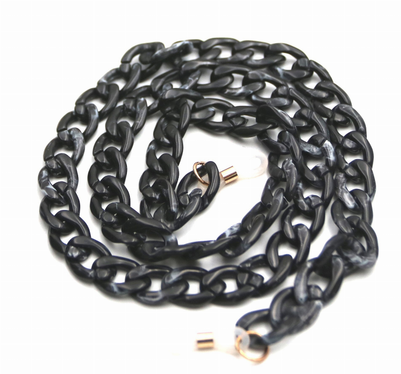 Black eyeglasses holder chain, coiled with metal end caps and clasp hook