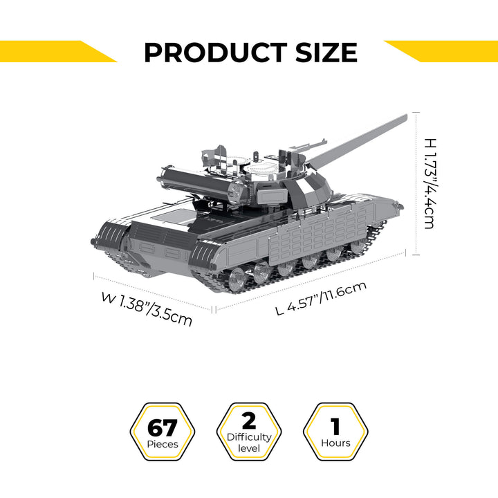 Tank model kit size diagram with length and width measurements and stats icons