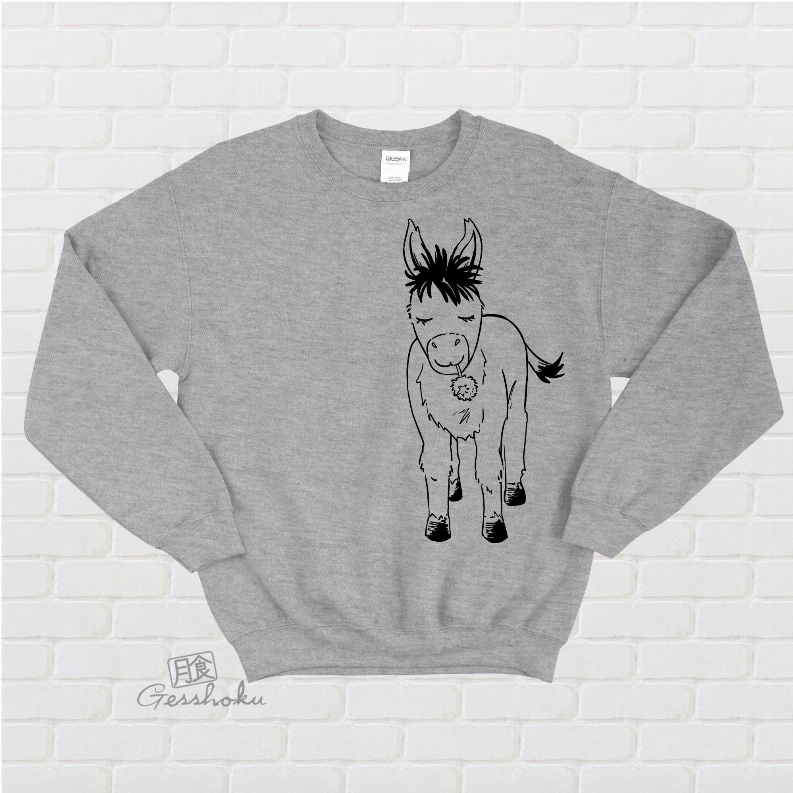 Gray fleece crewneck sweatshirt with donkey graphic, long sleeves