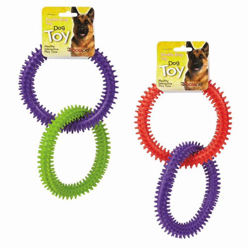 TPR double-ring dog toy set with purple/green and red/purple rings