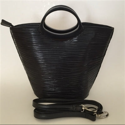 Vanessa textured tote bag with top ring handles and black strap with silver clips