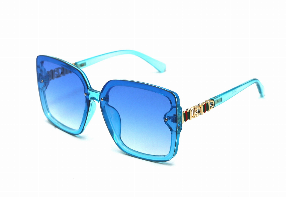 Light blue sunglasses with blue mirrored lenses and gold-toned temple accents