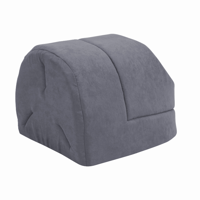 Gray plush cat cave bed with padded hood and visible side seam detail