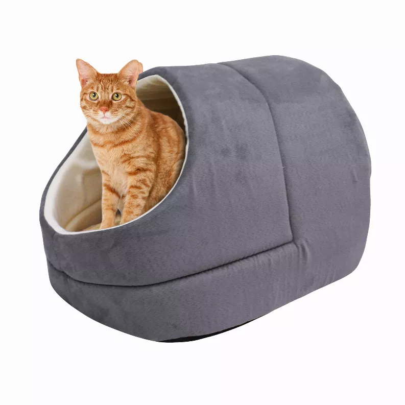 Gray plush cat cave bed with round tunnel opening, beige lining, orange tabby cat inside