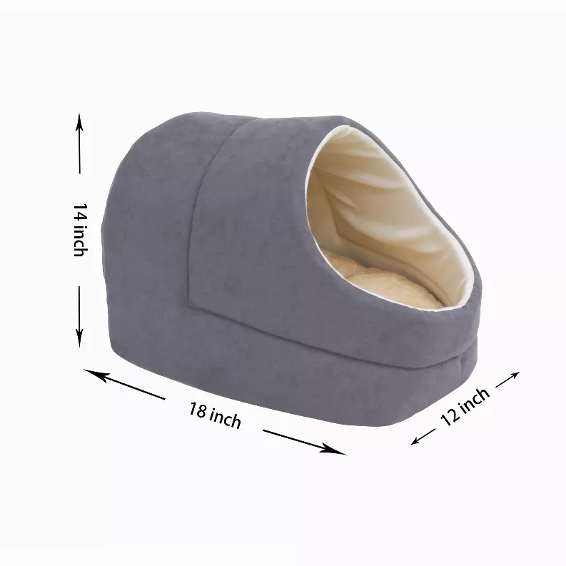 Gray plush cat cave bed, 18 in long x 12 in wide x 14 in high, tunnel opening