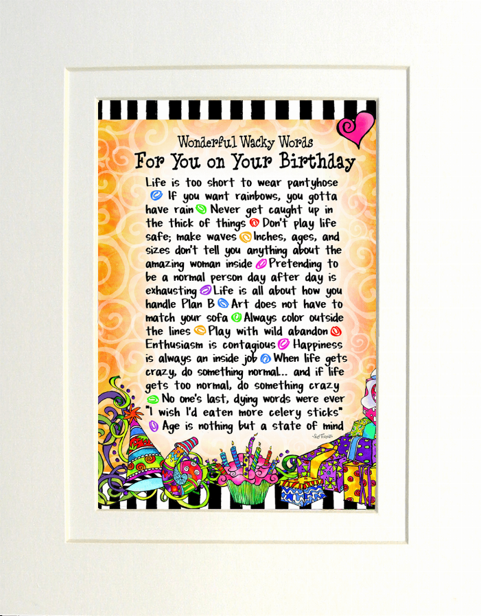 Framed birthday quote wall art featuring colorful cartoon border and dense quote text