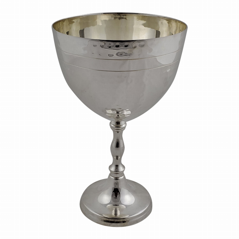 Silver plated chalice cup with hammered texture and banded stem