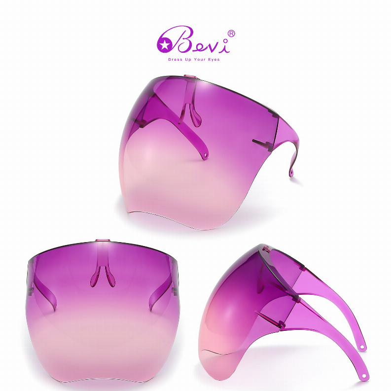 Protective goggles showing front, side, and open-visor views in purple tint.