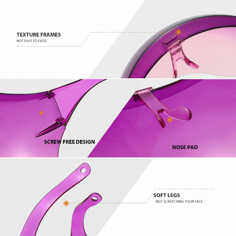 Purple tinted protective goggles with nose pad and flexible screw-free frame.