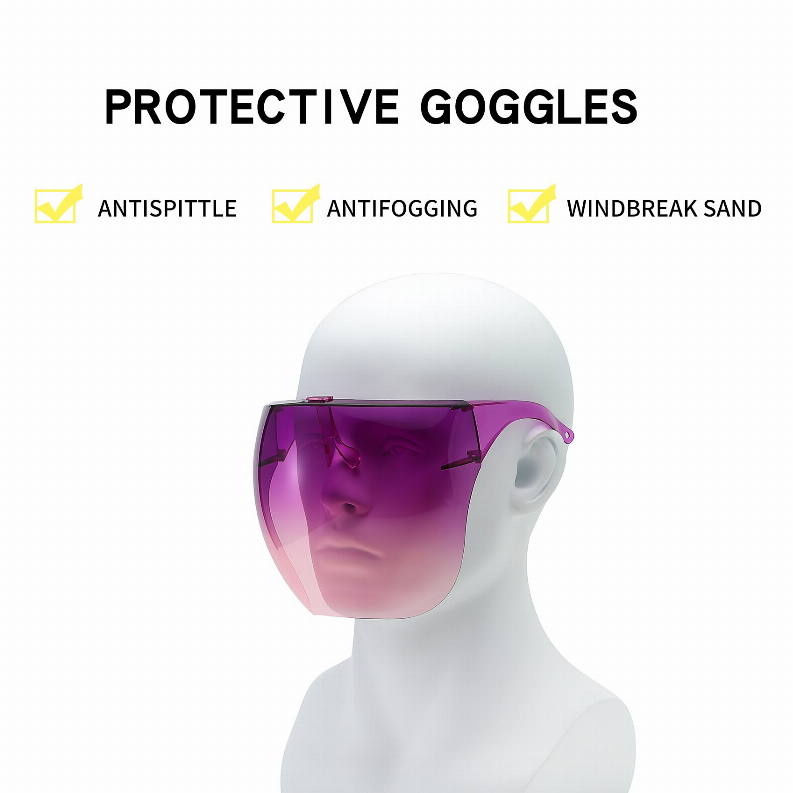 Protective goggles with purple-tinted visor and curved side arms.