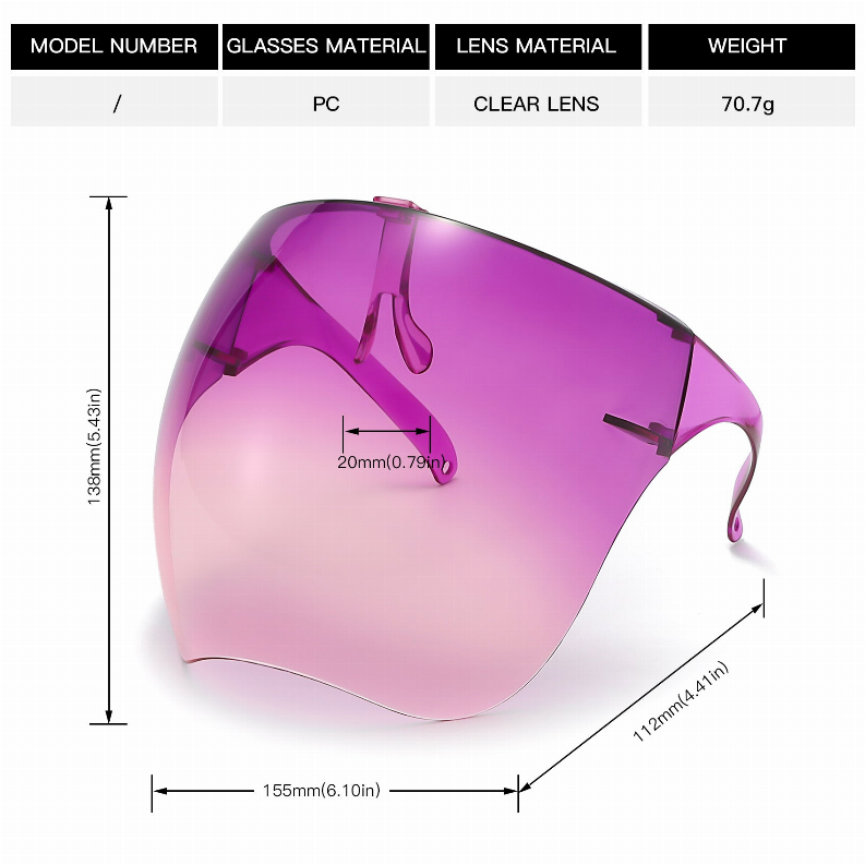 Purple tinted protective goggles with clear visor and side arms, dimensions shown.