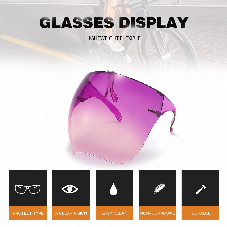 Purple tinted protective goggles with curved full-face visor and flexible arms.