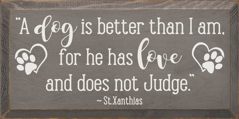 Wood dog quote wall sign with white script: “A dog is better than I am …”