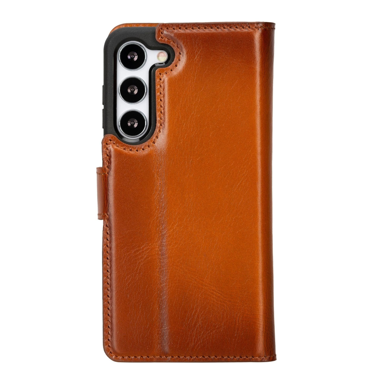 Tan leather wallet phone case for Galaxy S20 FE with snap-secure folio