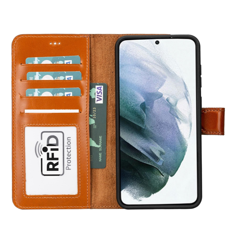 Tan leather wallet phone case with card slot labeled RFID and phone protection