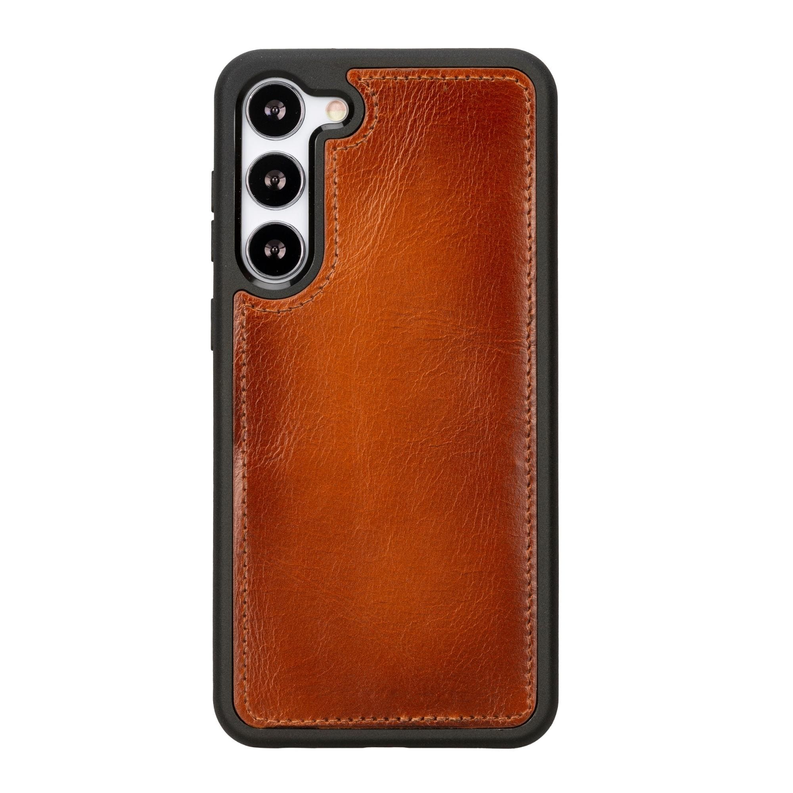 Tan leather folio phone case with camera cutouts and port openings