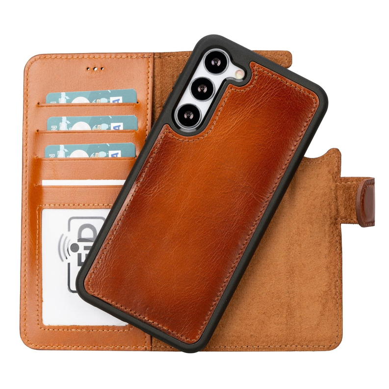 Tan leather folio wallet case with card slots and interior pocket, phone attached
