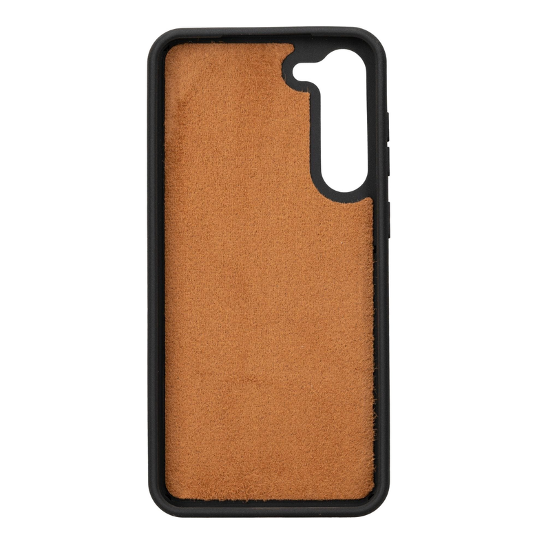 Tan leather back cover insert with camera cutout and protective flexible edges