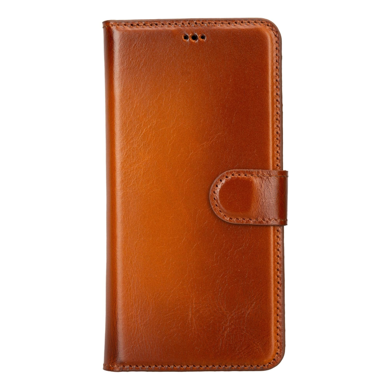 Tan detachable leather wallet case with front flap and rounded closure tab