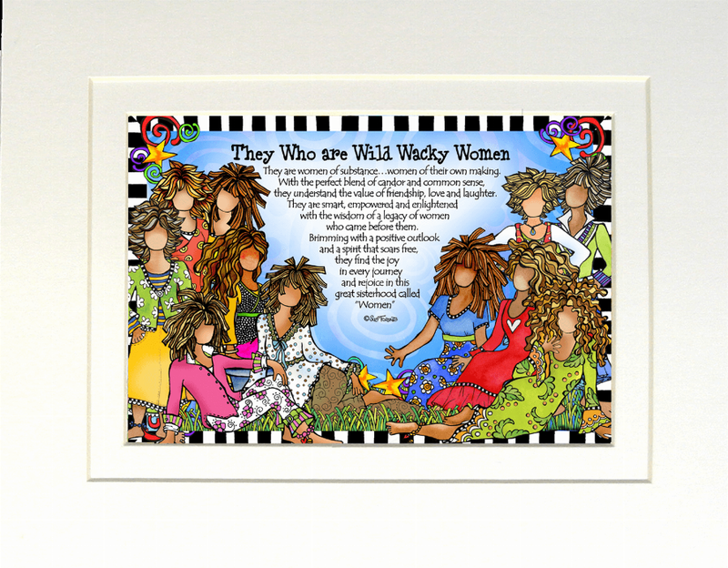 Framed print of cartoon women with curly hair and colorful outfits