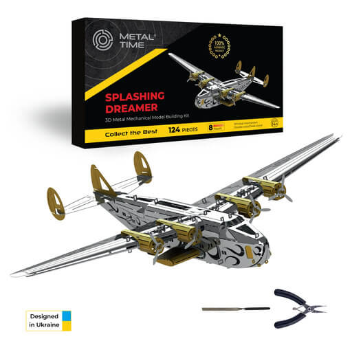 Metal aircraft model kit box with assembled model and included parts