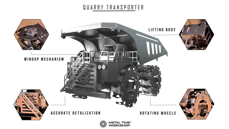 Metal mining truck model with rotating wheels and front dump bed, gray metal build