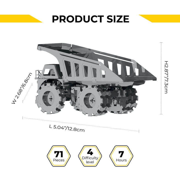 Mining truck model size chart with length and height, gray metal build