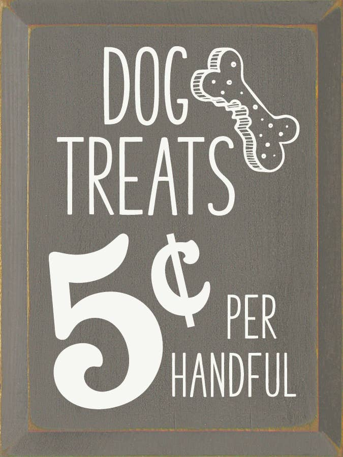 Dog treats 5& per handful label with dog illustration