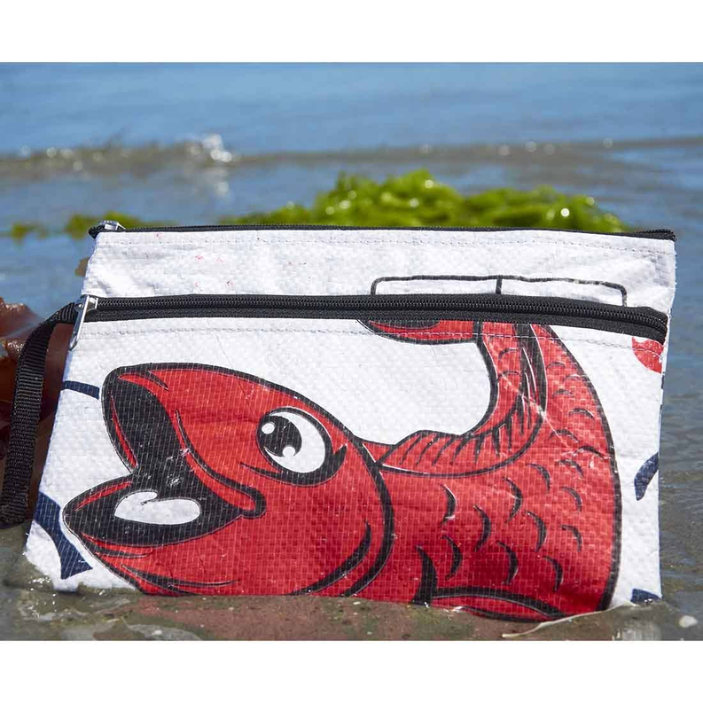 White double-zip case with red fish graphic, black zipper, and small handle