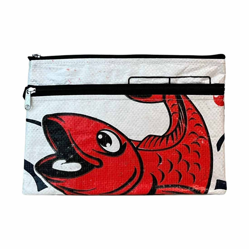 Rectangular white double-zip fish case with red fish artwork and black top zipper