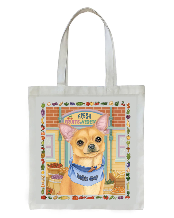 Light canvas tote bag with Chihuahua portrait and colorful fruits & vegetables border