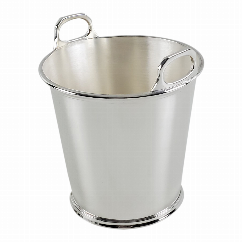 Silver mini ice bucket with two loop handles and polished metal finish