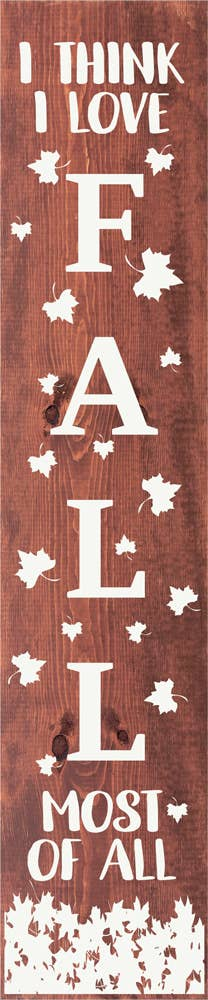 Vertical wooden fall sign with white text and small leaf cutouts on dark brown plank