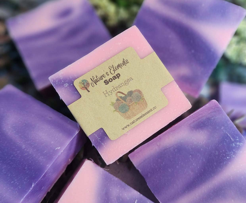 Hydrangea handcrafted soap bar, purple soap with kraft label on top