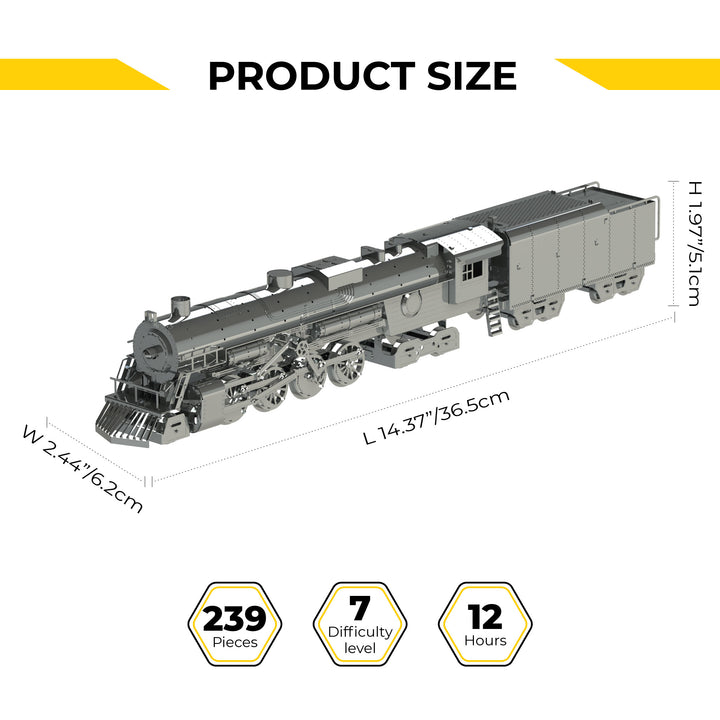 Gray steam locomotive model diagram with length and width dimensions