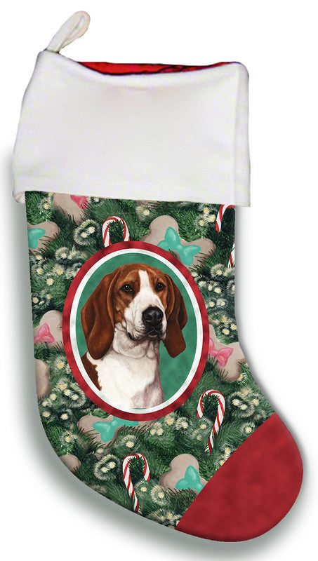 Christmas stocking with coonhound dog portrait, green floral pattern, red cuff