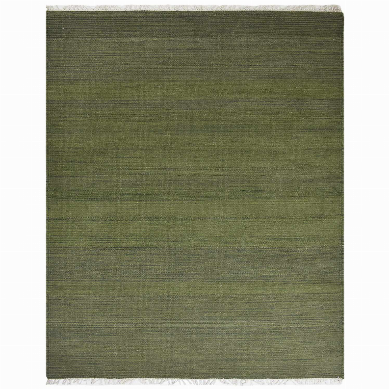 Olive green solid wool area rug with flat weave texture and short fringed edge