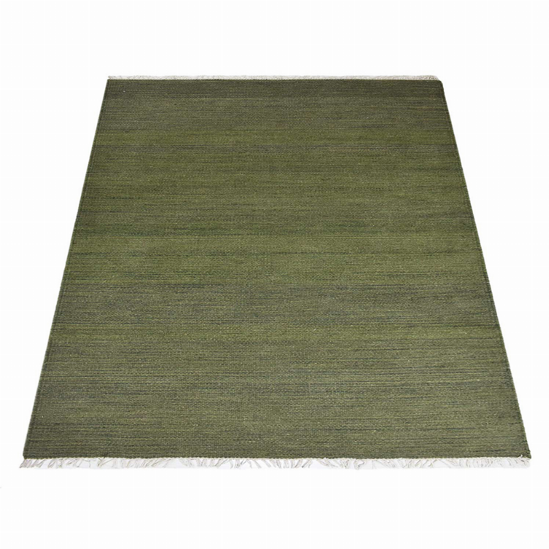 Olive green solid flat weave wool rug, clean straight corners and flat surface