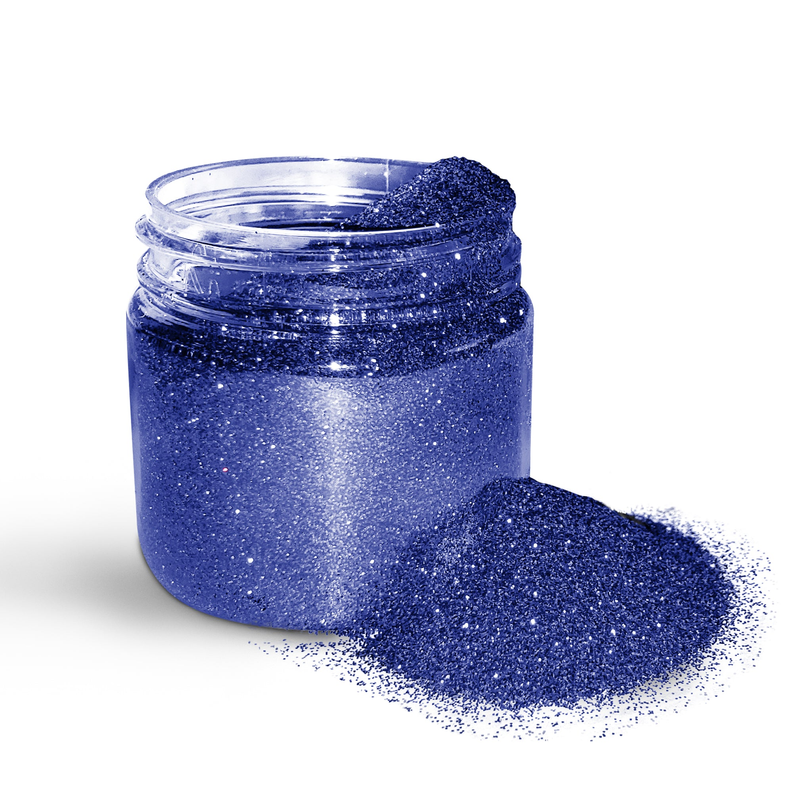 Deep blue holographic body glitter powder jar with glitter spill