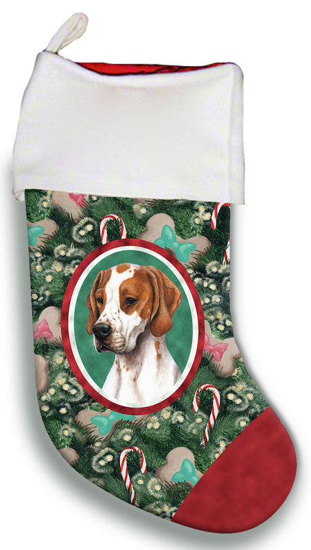 Red and white dog-themed Christmas stocking with pointer portrait and holly wreath
