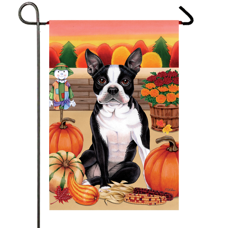 Outdoor garden flag with Boston terrier portrait and autumn pumpkins, leaves, and flowers