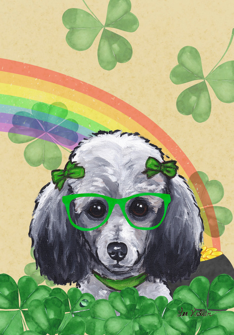 Garden flag with poodle in green glasses and shamrock headband, rainbow backdrop