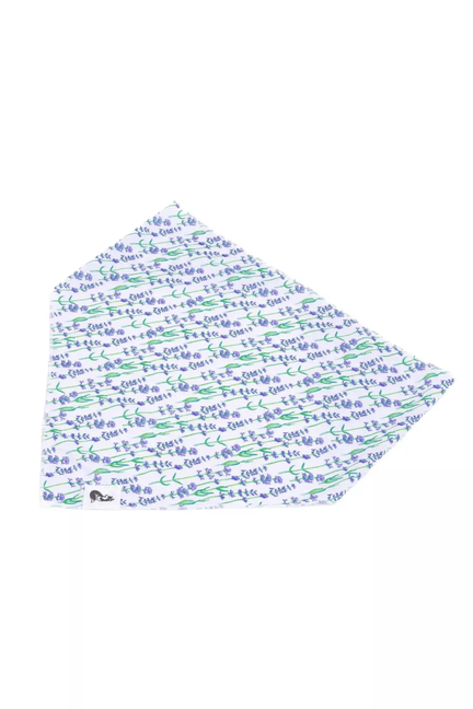 White dog bandana with blue and green lavender-style pattern, folded over