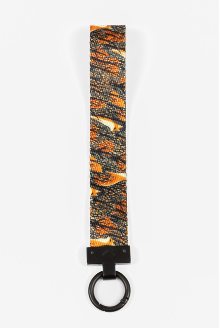 Fox patterned wristlet keychain with orange-and-black fabric strap and black O-ring