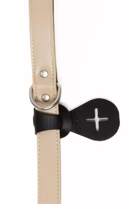 Beige leather waste bag holder strap with black silicone clip and snap buttons
