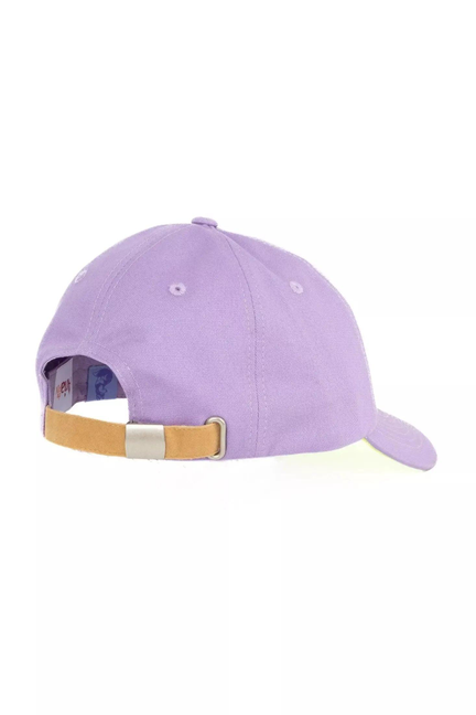 Lavender baseball cap with green underside and tan adjustable back strap