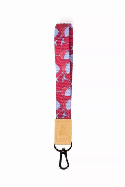 Red Mountain Syrah wristlet keychain with red patterned strap and black keyring