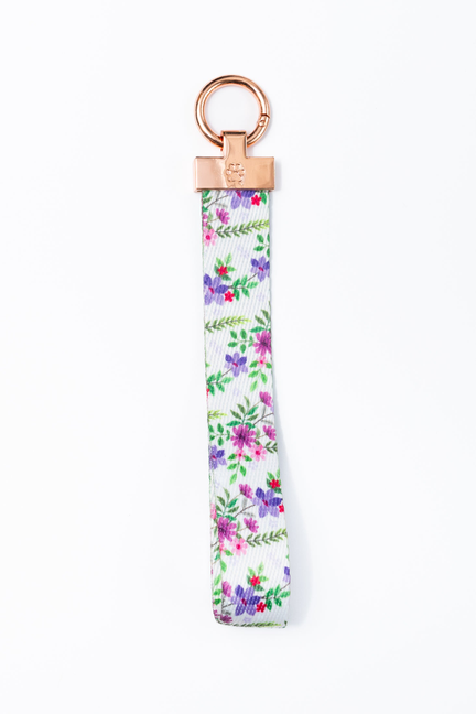 Floral fabric keychain with copper ring and small clasp