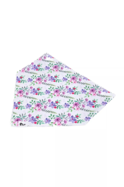 Triangle floral dog bandana with white base and purple, pink, green flowers